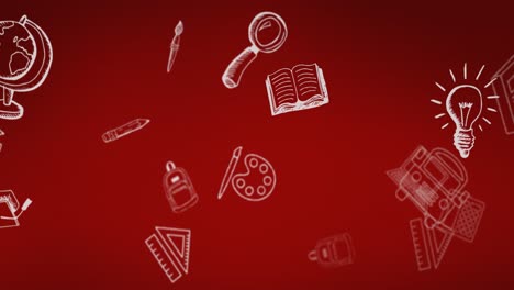 Animation-Des-Zeichnens-Von-Büchern,-Taschen,-Bussen,-Laptops,-Waagen-Und-Schulmaterialien-Auf-Rotem-Hintergrund