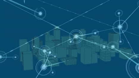 Animation-of-connected-dots-and-3d-model-of-modern-cityscape-over-blue-background
