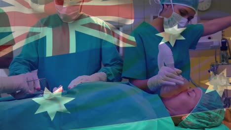 Animation-of-flag-of-australia-waving-over-diverse-doctors-performing-surgery-on-female-patient