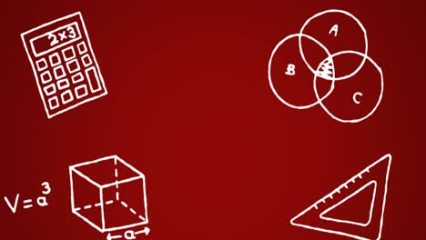 Animation-of-calculator,-mathematical-diagram,-cube-and-scale-over-red-background