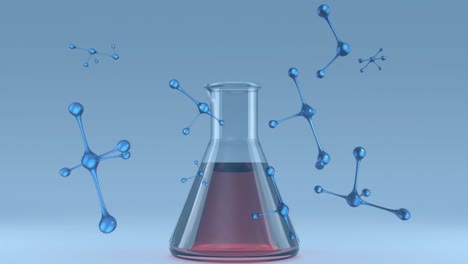Animation-of-nucleotides-and-liquid-filled-beaker-on-table-against-blue-background