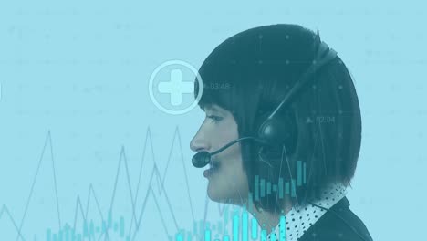 Animation-of-data-processing-and-digital-icons-against-caucasian-woman-talking-on-phone-headset