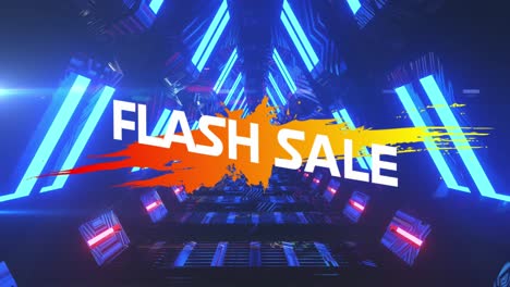 Animation-of-flash-sale-text-on-color-splash-with-geometric-shapes-over-triangular-tunnel
