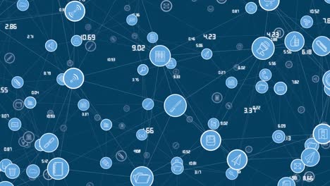 Animation-of-icons-connected-with-lines-and-numbers-over-blue-background