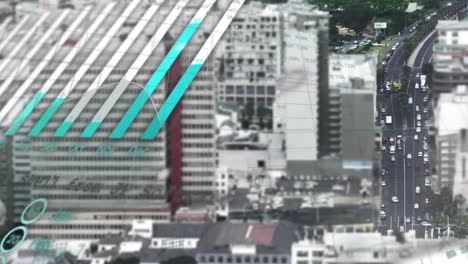 Animation-Von-Grafiken,-Globus,-Computersprache-über-Luftaufnahme-Von-Fahrzeugen-Auf-Der-Straße-In-Der-Stadt