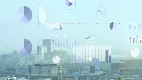 Animation-of-multiple-graphs-and-trading-board-over-modern-cityscape-against-sky