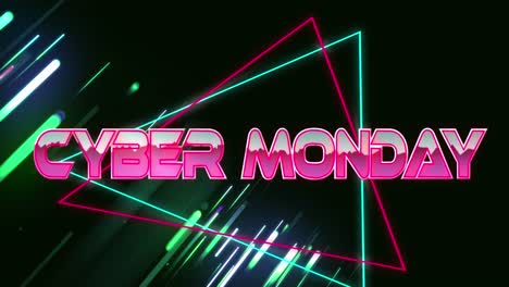 Animation-of-cyber-monday-text-on-triangles-with-beams-over-black-background