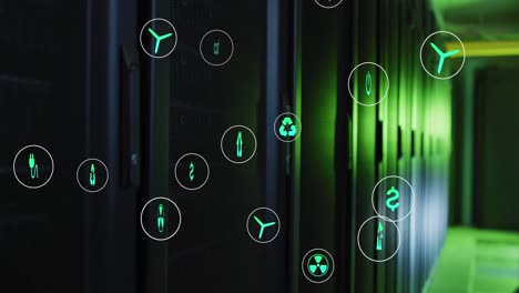 Animation-of-icons-in-circles-floating-over-data-server-racks-in-server-room