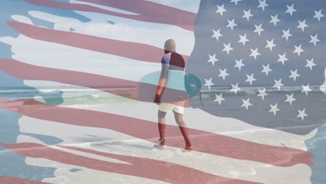 Animation-of-flag-of-america-over-african-american-man-with-surfboard-running-towards-sea
