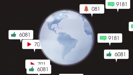 Animation-Von-Social-Media-Netzwerksymbolen-über-Einem-Sich-Drehenden-Globus-Vor-Schwarzem-Hintergrund