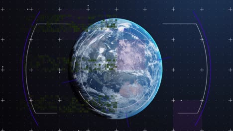 Animation-Des-Globus-In-Kreisen,-Quadraten-Und-Computersprache-Auf-Abstraktem-Hintergrund