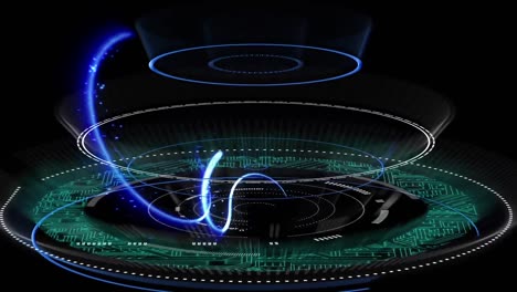 Animation-of-moving-lens-flares-and-circuit-board-pattern-in-circles-over-black-background