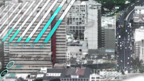 Animation-Von-Grafiken,-Globus,-Computersprache-über-Luftaufnahme-Von-Fahrzeugen-Auf-Der-Straße-In-Der-Stadt