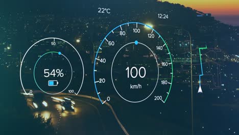 Animation-of-changing-numbers-in-speedometers-time-lapse-of-moving-vehicles-and-silhouette-of-city