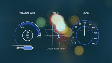 Animation-of-speedometers,-battery-icons,-navigation-pattern,-blurred-lights-of-vehicles