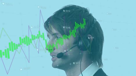 Animation-of-statistical-data-processing-against-caucasian-man-talking-on-phone-headset