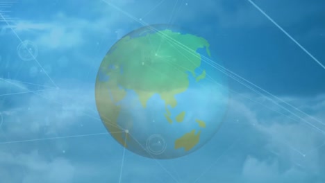 Animation-of-connected-dots-and-rotating-globe-over-aerial-view-of-dense-clouds