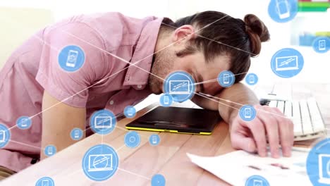 Animation-of-connected-icons-tired-caucasian-man-sleeping-on-desk-while-working-in-office