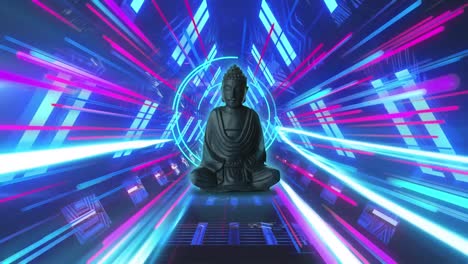 Animation-of-buddha-sculpture-over-neon-tunnel-background