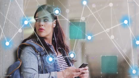 Animation-of-network-of-connections-over-caucasian-woman-using-smartphone