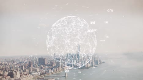 Animation-of-numbers-around-connected-dots-forming-globe,-aerial-view-of-modern-cityscape-and-sea
