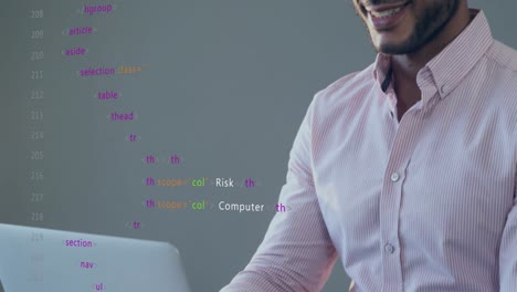Animation-of-multicolored-computer-language-over-smiling-biracial-man-working-on-laptop