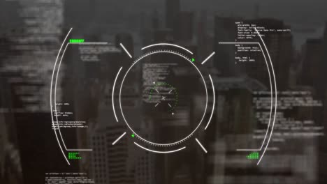 Animation-of-circles-and-computer-language-over-modern-cityscape-in-background