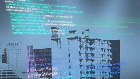 Animation-Mehrfarbiger-Computersprache-über-Modernen-Gebäuden-Im-Hintergrund