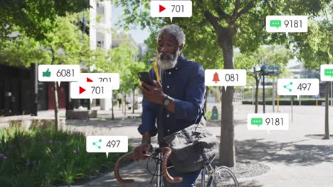 Animation-of-notification-bars,-senior-african-american-man-on-bicycle-talking-on-video-call