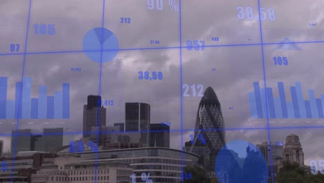 Animation-of-multiple-graphs-with-changing-numbers-over-time-lapse-of-city-against-cloudy-sky