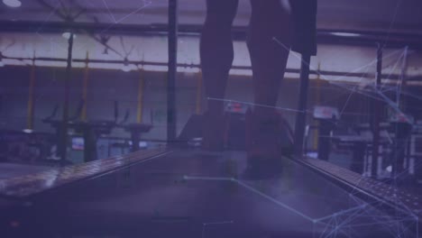 Animation-of-dots-connected-with-lines-over-low-section-of-diverse-people-running-on-treadmills