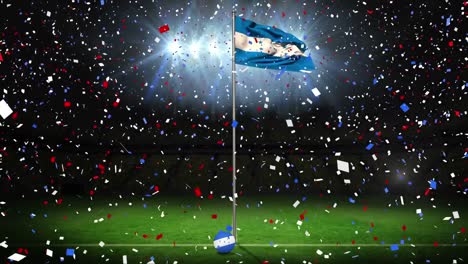 Animation-of-confetti,-honduras-flag-on-soccer-ball,-waving-flag-of-honduras-and-lights-in-stadium