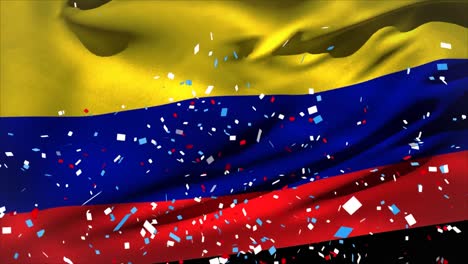 Animation-of-falling-confetti-over-waving-flag-of-colombia-over-black-background