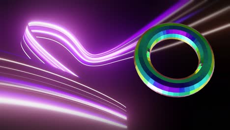 Animation-of-3d-multicoloured-shape-over-neon-purple-light-trails-on-black-background