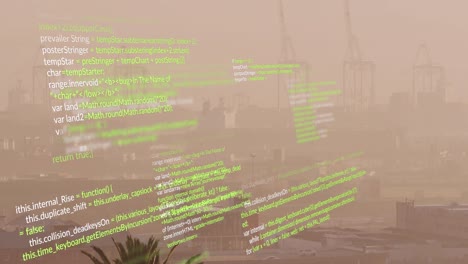 Animation-Einer-Sich-Wiederholenden-Computersprache-über-Einer-Nebelbedeckten-Modernen-Stadt-Vor-Dem-Himmel