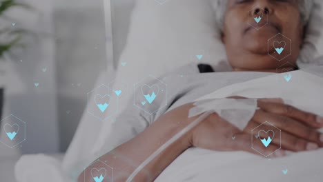 Animation-Eines-Netzwerks-Medizinischer-Symbole-Und-Datenverarbeitung-über-Eine-Afroamerikanische-Patientin