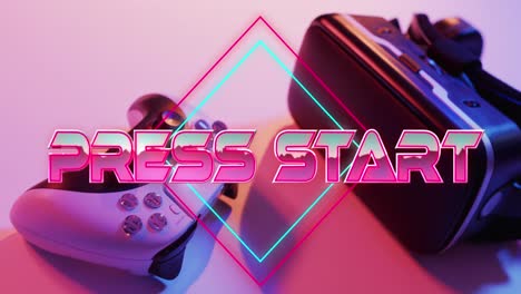 Animation-of-press-start-text-over-video-game-equipment-on-neon-background