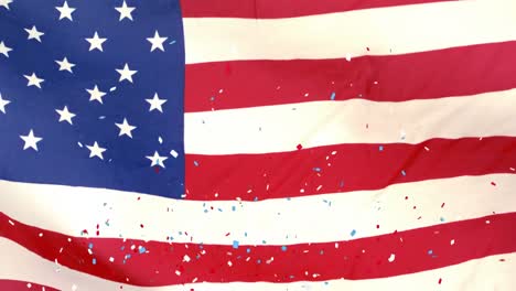 Animation-of-multicolored-confetti-over-waving-flag-of-america-against-abstract-background
