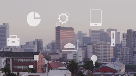 Animation-of-multiple-icons-over-modern-cityscape-against-sky