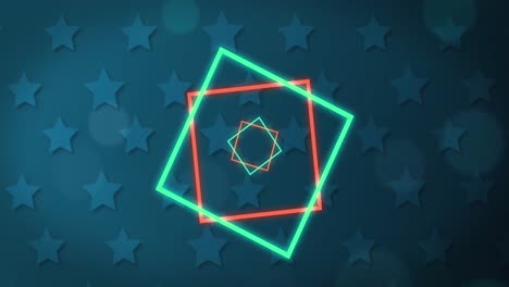 Animation-of-illuminated-square-shapes-moving-over-blue-stars-and-lens-flare