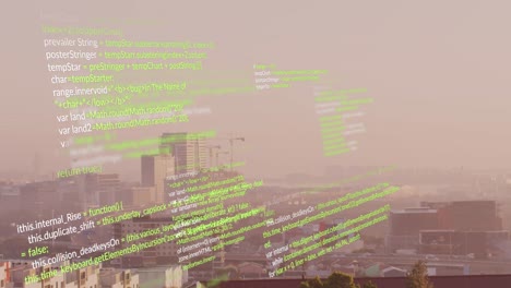 Animation-of-looping-computer-language-over-modern-cityscape-against-sky