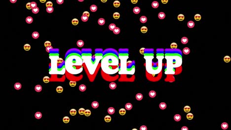 Animation-of-level-up-text-with-heart-shape-and-emoji-with-heart-eyes-falling-on-black-background