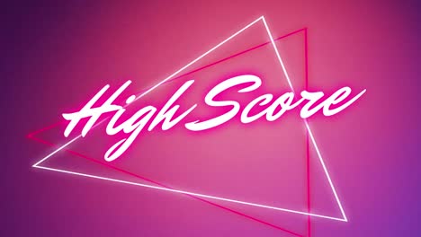 Animation-of-high-score-text-over-neon-triangles-on-neon-background