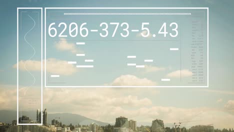 Animation-of-changing-numbers,-graph-over-modern-city-and-mountain-against-cloudy-sky