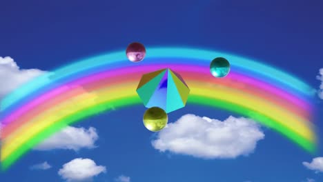 Animation-Von-Mehrfarbigen-3D-Formen-über-Regenbogen-Auf-Wolken-Und-Himmelshintergrund