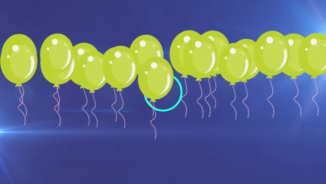 Animation-of-yellow-balloons-flying-over-moving-circles-on-blue-background