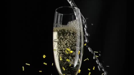 Animation-of-champagne-pouring-in-glasses-and-yellow-confetti-exploding-over-black-background