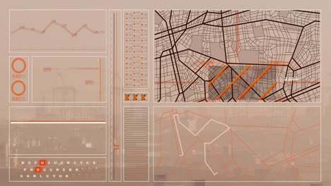 Animation-of-graph,-loading-circles,-bars,-navigation-pattern-and-computer-language-over-modern-city