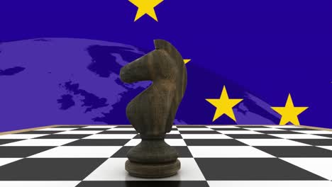 Animation-Eines-Ritters-Auf-Einem-Schachbrett-über-Der-Flagge-Der-Europäischen-Union-Vor-Dem-Globus-Im-Hintergrund
