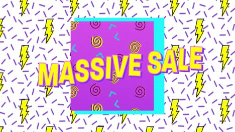 Animation-of-massive-sale-text,-lightnings,-circular-pattern-in-squares,-lines-over-white-background